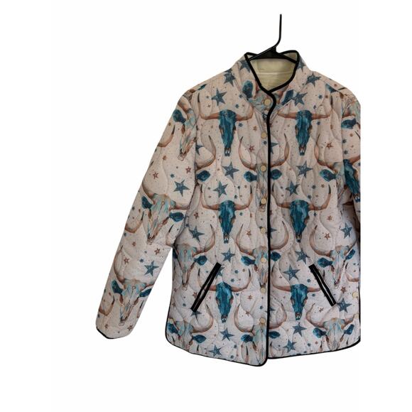 Women's Large Cream Blue Brown Longhorn Icon Quilted Clasp Long Sleeve Jacket - Picture 7 of 9
